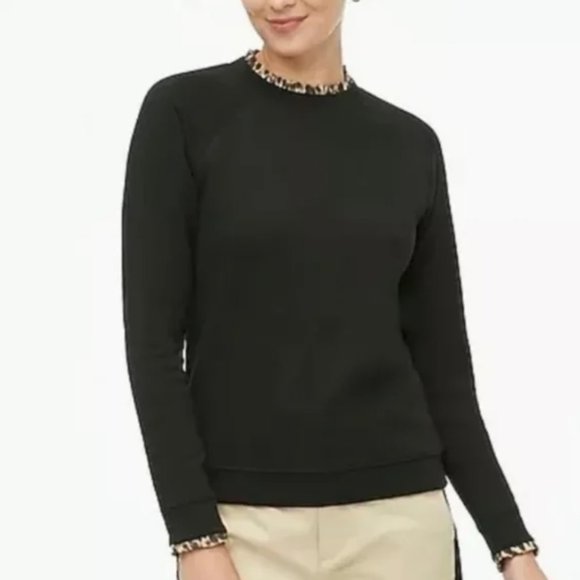 J. CREW FACTORY | Leopard Ruffle Trim Black Long Sleeve Sweatshirt Top - Picture 1 of 9
